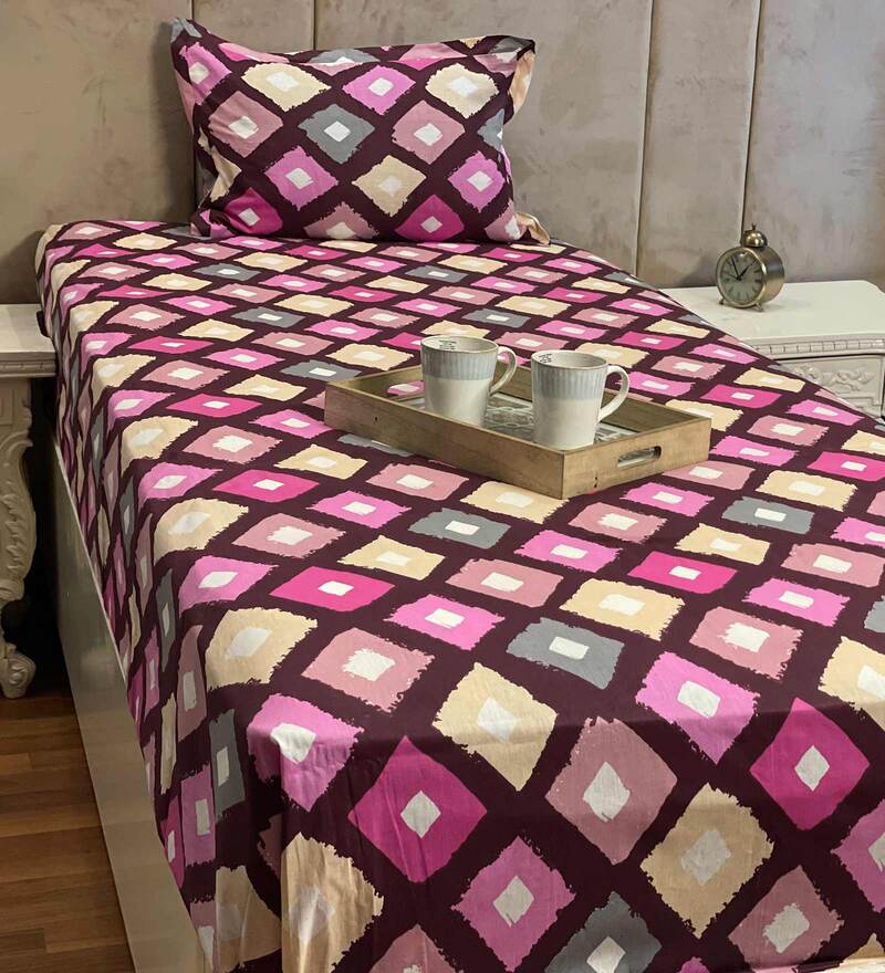 Buy Multicolor Geometric TC 190 100 Cotton Single Sized Bedsheet With 1 Pillow Cover by Bells