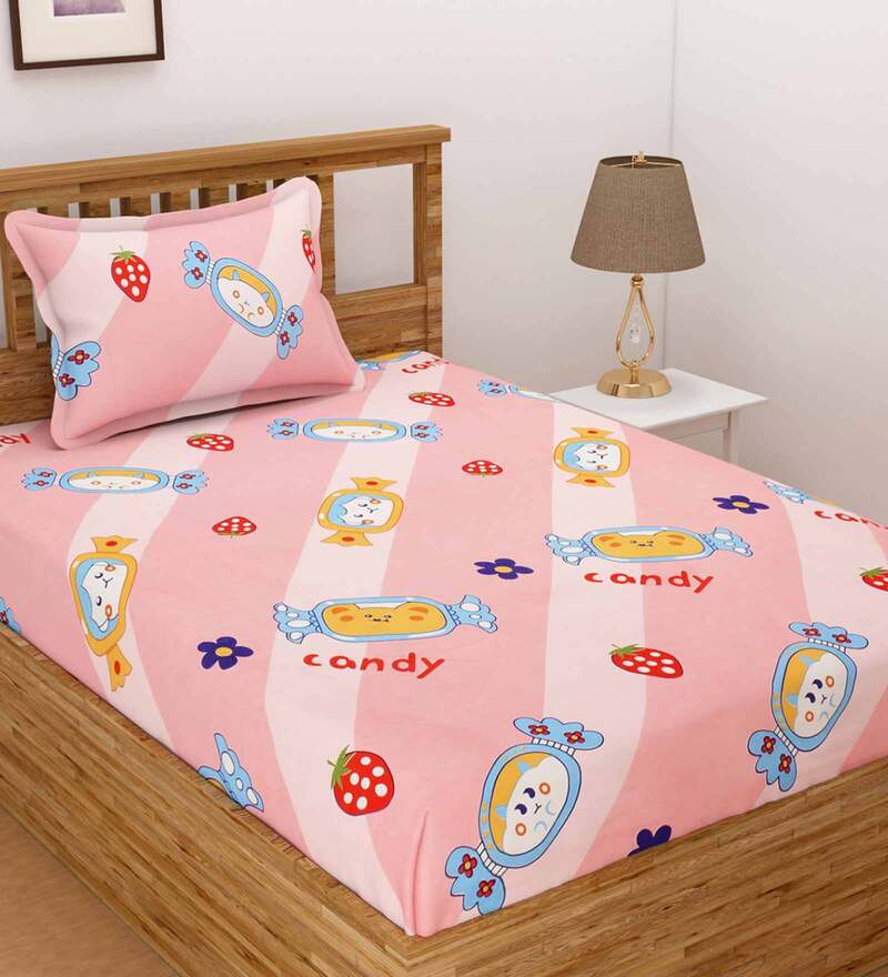 Buy Pink Kids TC 160 Poly Cotton Kids Bed Sheet With 2 Pillow Covers by