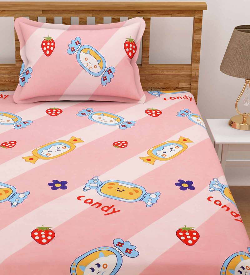 Buy Pink Kids TC 160 Poly Cotton Kids Bed Sheet With 2 Pillow Covers by