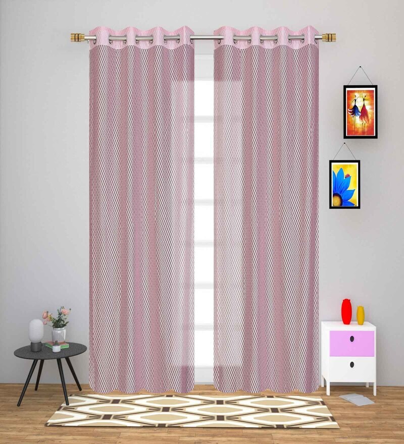 Buy Pink Polyester Geometric 5ft Sheer Eyelet 2 Pc Window Net Curtains