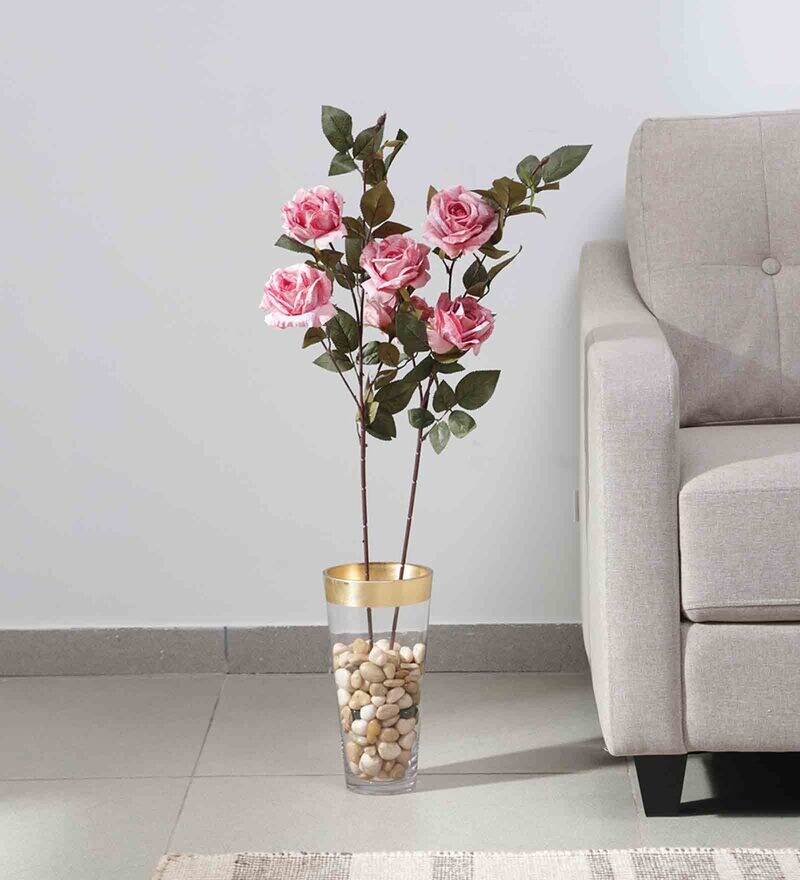 Buy Pink Polyster Rose Flower Stick Artificial Flowers Without Pot Set