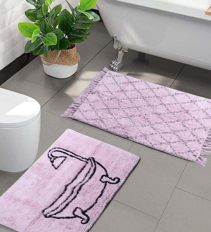 Buy Pink Slogan Cotton 31x19 Inches AntiSkid Bath Mat (Set of 2) by