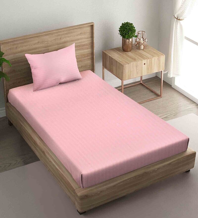 Buy Pink Striped 210 TC Satin Single Size Bedsheet With 1 Pillow Cover by Naksh Online Striped