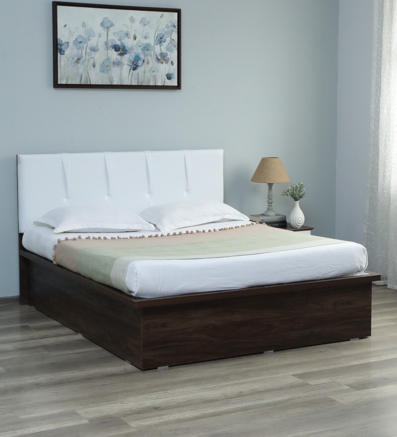 Buy White Queen Size Bed in Brown & White Finish with Hydraulic Storage by Maheshwari Furniture