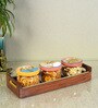 Pichhwai Leela Multicolor Glass and Wood 3 Pcs Condiment Jars With Tray