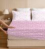 Pink & White Glace Cotton Floral Print Elastic Fitted King Bedsheet With 2 Pillow Covers