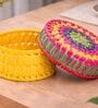 Pink & Yellow Palm Leaf Handwoven Colorful Round  Palm Leaf Basket