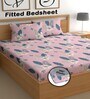 Pink 180 TC Floral Cotton Fitted Double Bedsheet 2 Pillow covers