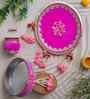 Pink Decorative Stainless Steel Karwa Chauth Thali Set with Plate Chalni Lota|Karva Chauth Pooja Thali