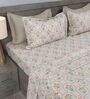 Cream Floral 210TC 100% Cotton Printed Flat Super King Bedsheet With 2 Pillow Covers