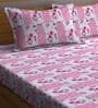Pink Floral 300 TC Cotton Queen Sized Fitted Bed Sheets with 2 Pillow Covers