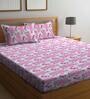 Pink Floral 300 TC Cotton Queen Sized Fitted Bed Sheets with 2 Pillow Covers