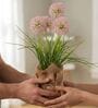 Pink Silk Plastic And Jute Faux Allium Flower Bunch With Jute Wrap