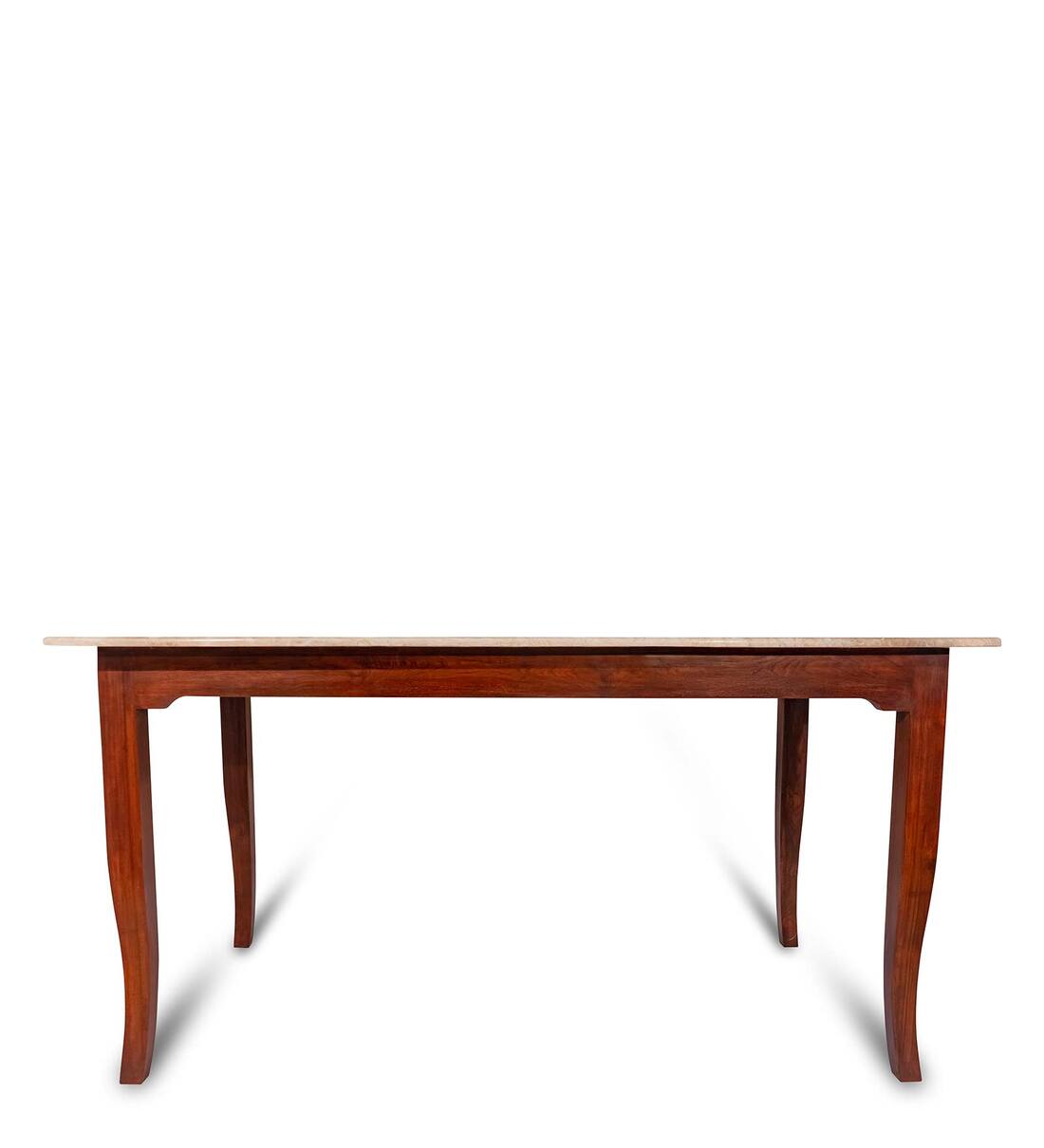 Buy Plinto Solid Wood 6 Seater Dining Table in Beige Finish with Marble