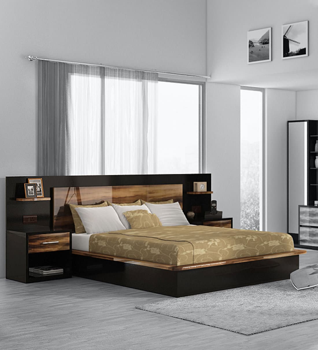 Buy Plum Queen size bed with Storage in Melamine Finish by Spacewood