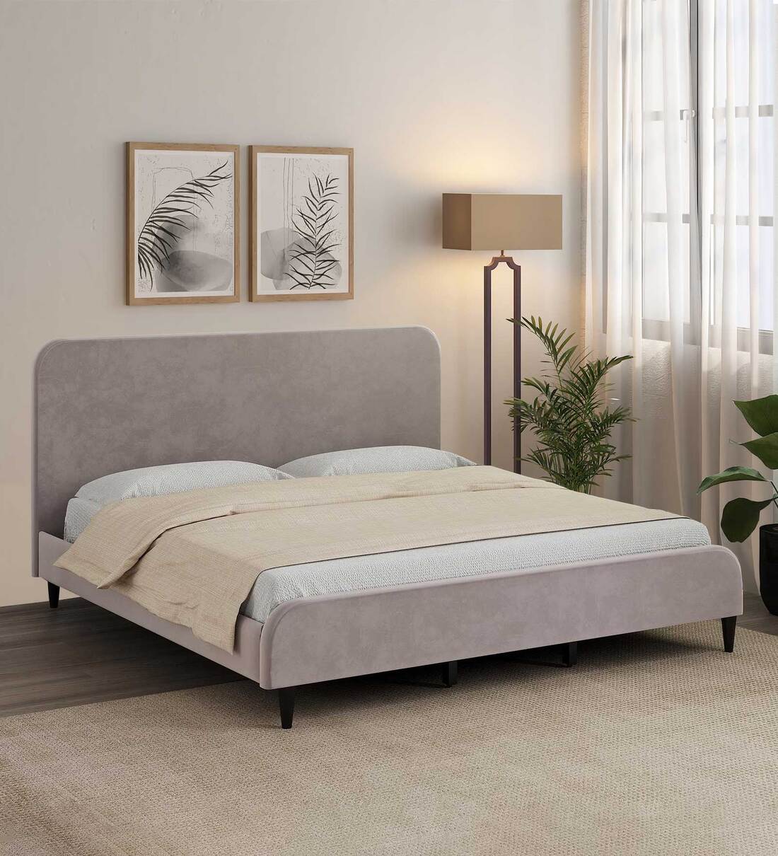 Buy Plumeria Solid Wood Solid Wood Upholstered Queen Size Bed in Grey ...