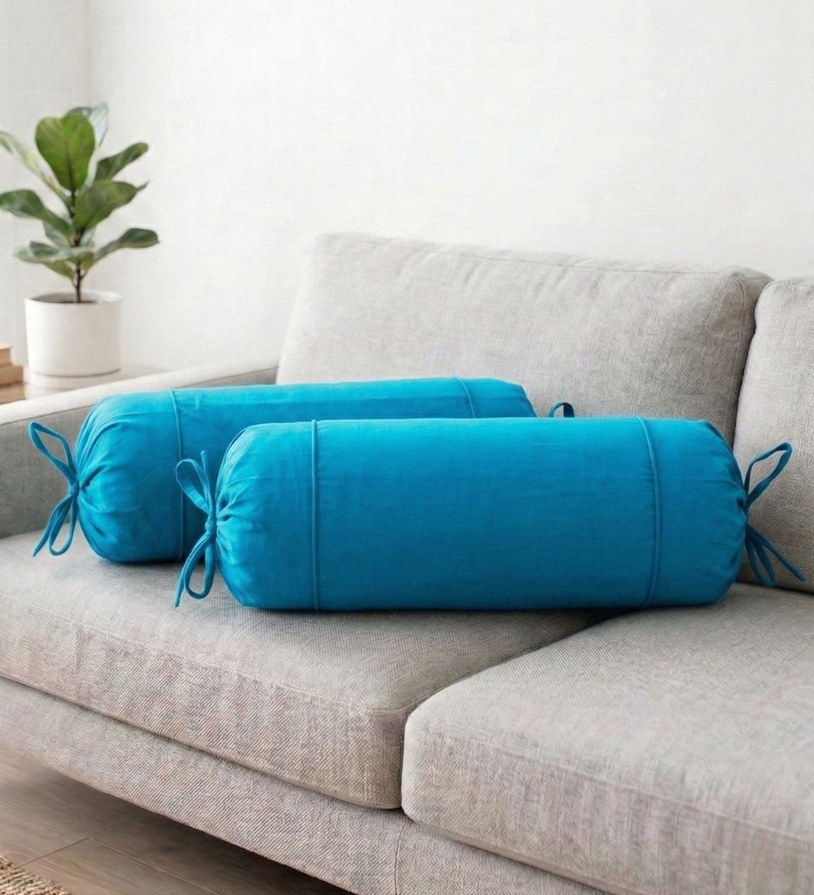 Blue Solid Cotton 2 Pcs Bolster Covers