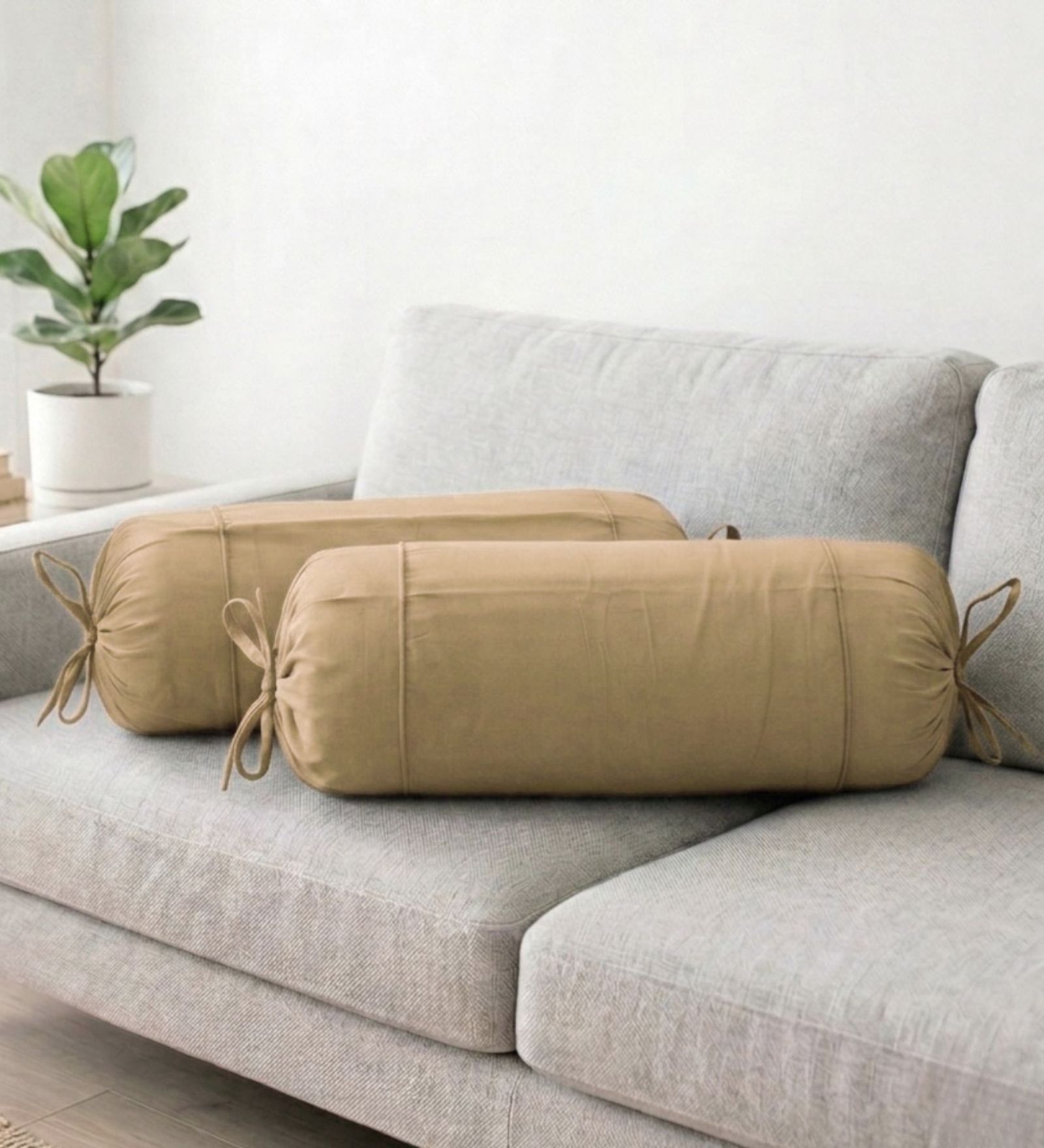 Camel Brown Solid Cotton 2 Pcs Bolster Covers