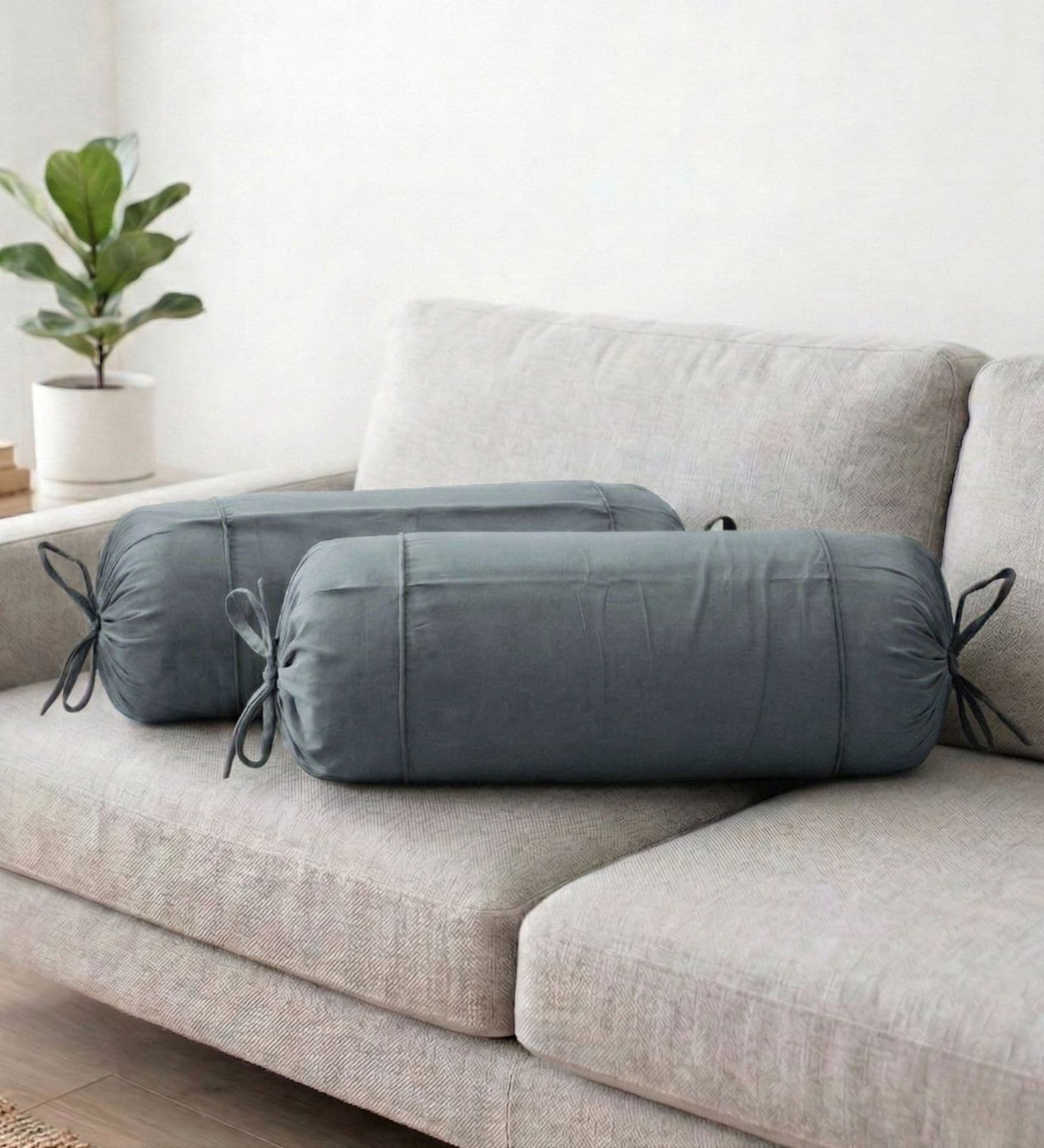 Grey Solid Cotton 2 Pcs Bolster Covers