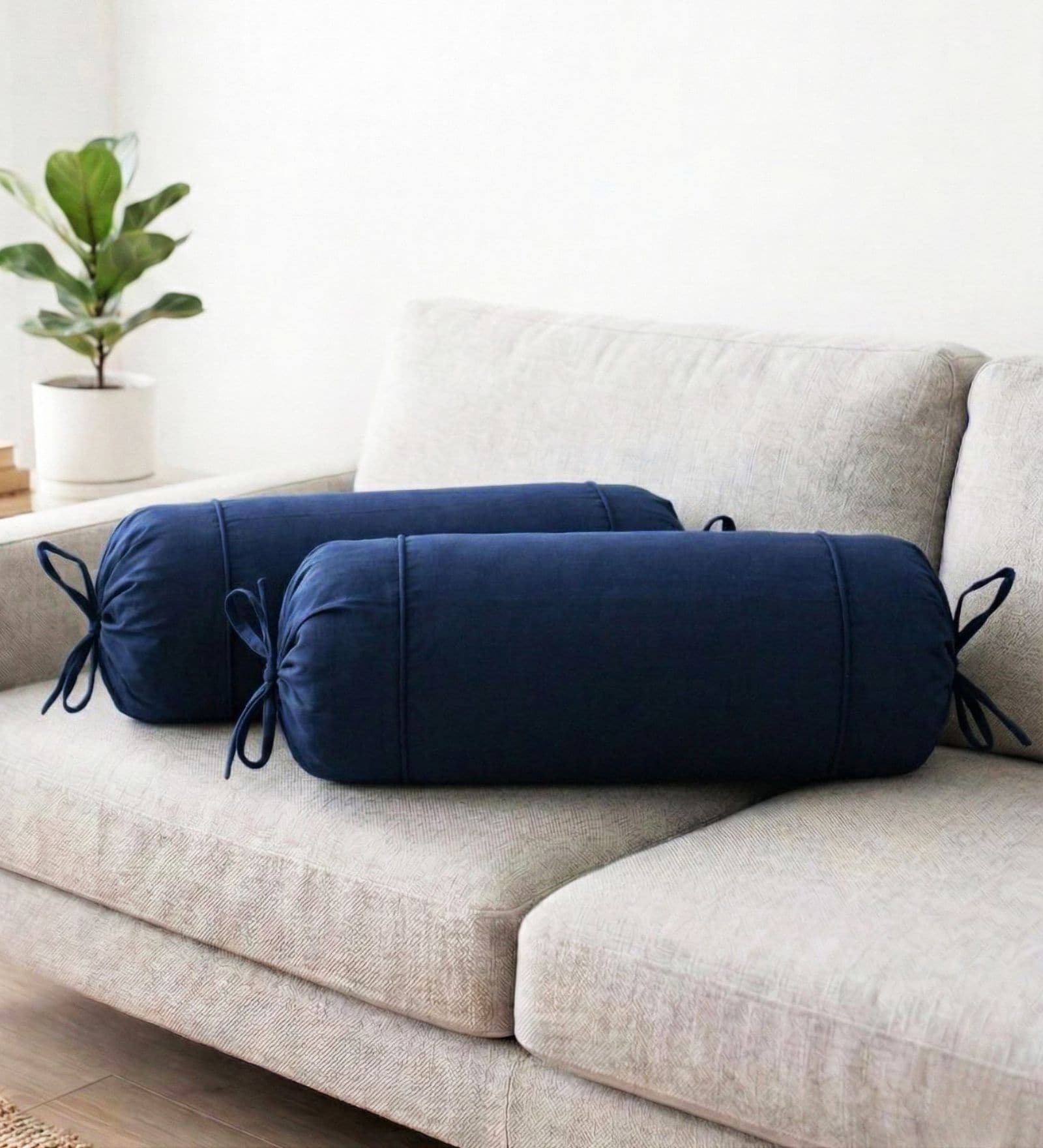 Navy Blue Solid Cotton 2 Pcs Bolster Covers