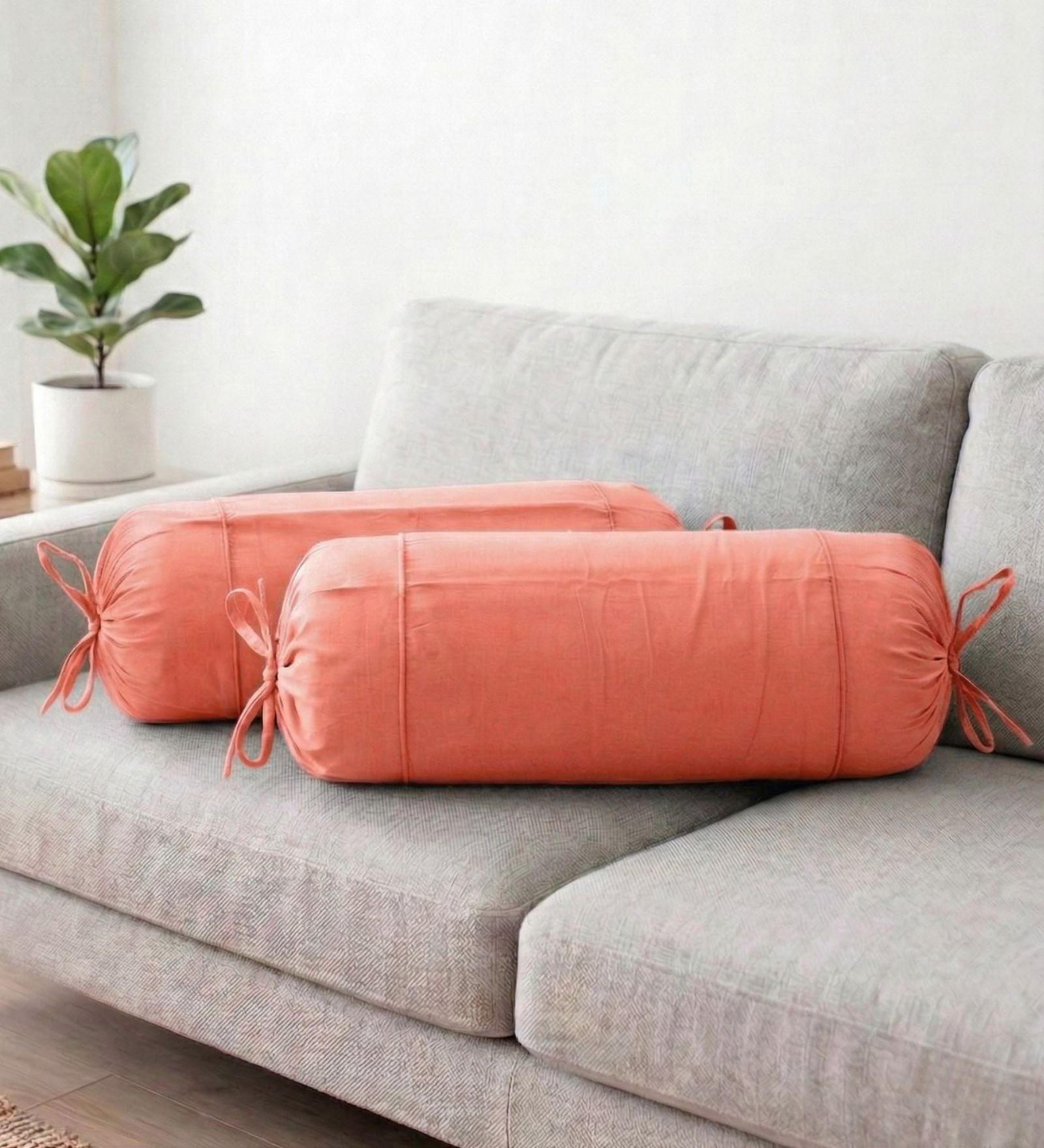 Peach Solid Cotton 2 Pcs Bolster Covers