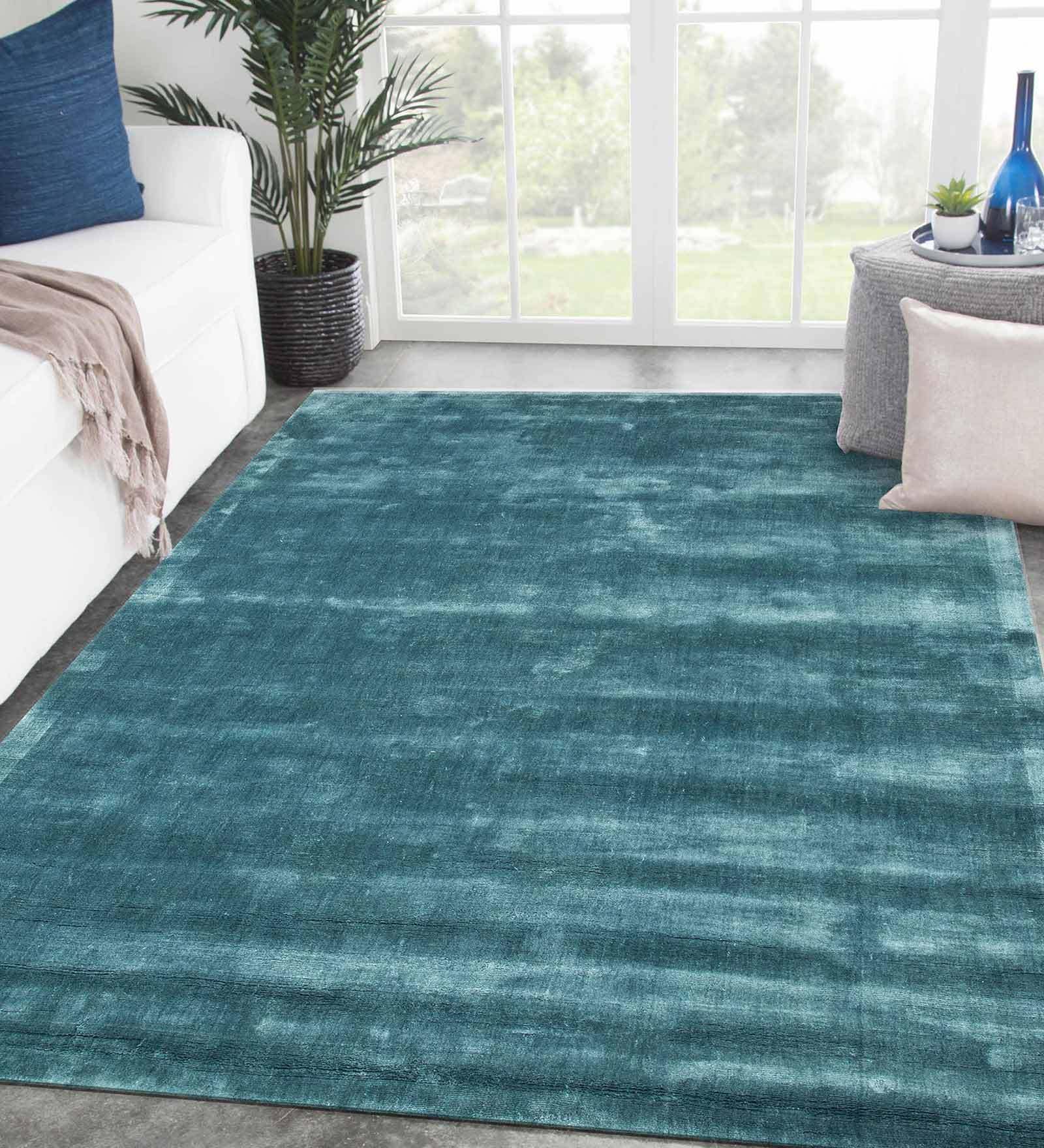Blue Solid Viscose 4 ft X 6 ft Hand Woven Carpet