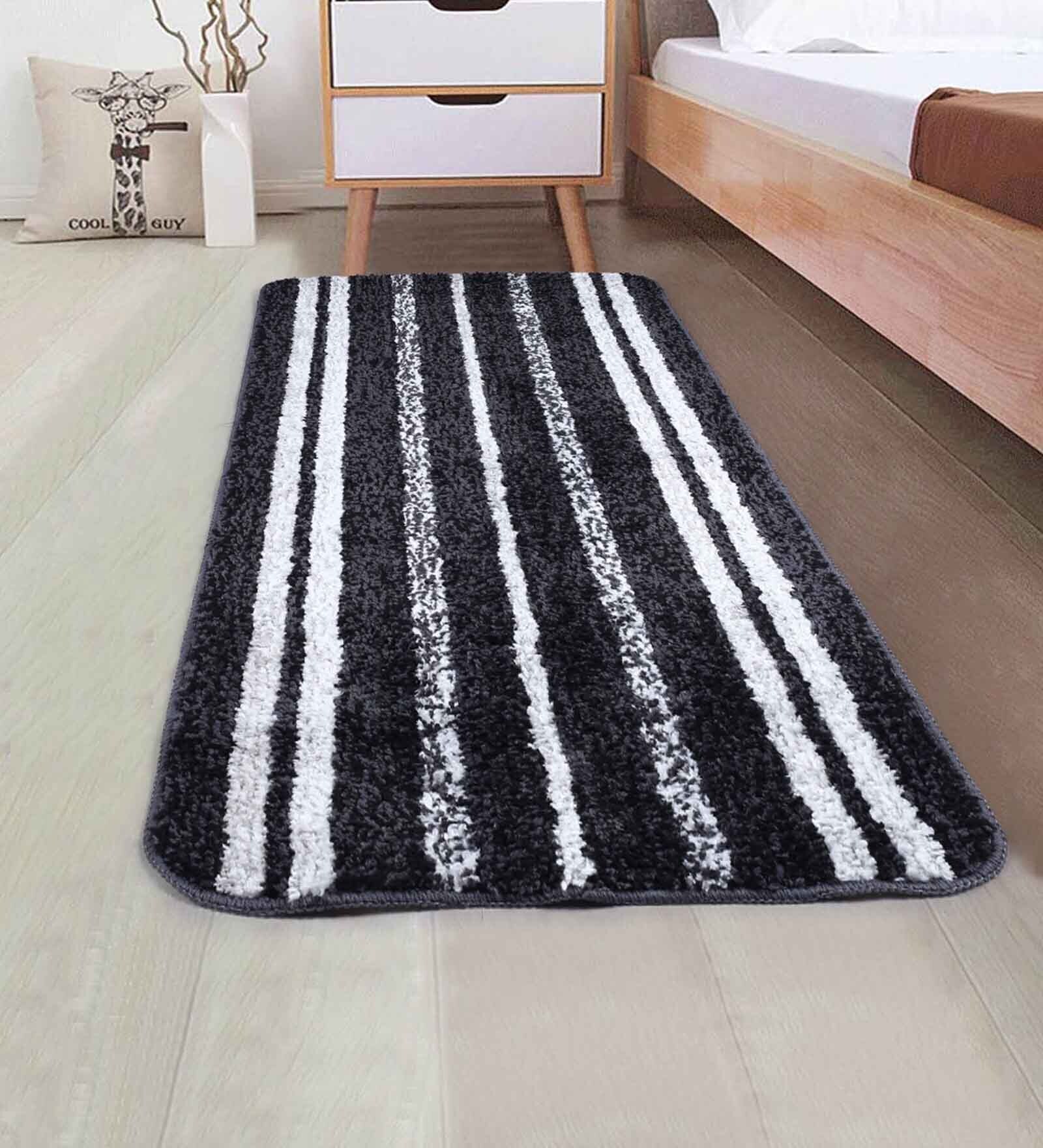 Black Striped Microfibre 3 X 2 Feet Machine Made Hallway Runner