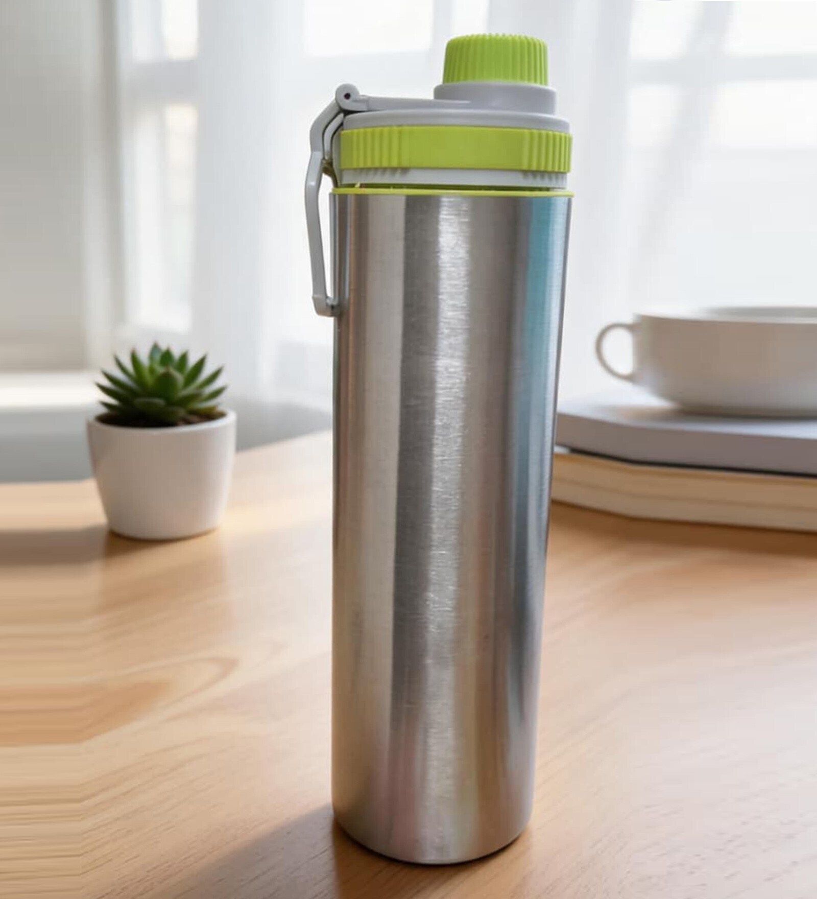 Green Plain Stainless Steel Sports Water Bottle with Flip Top Cap & Carry Loop, 700 ml