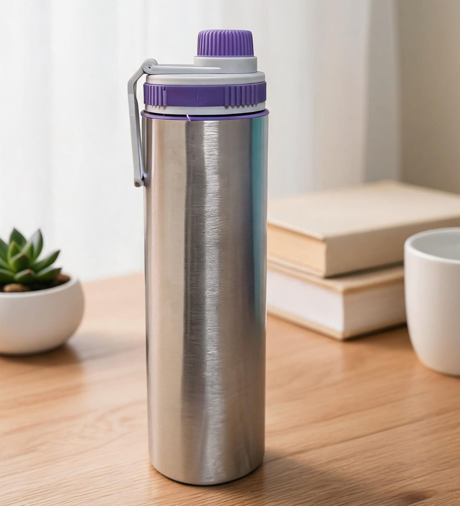 Purple Plain Stainless Steel Sports Water Bottle with Flip Top Cap & Carry Loop, 700 ml