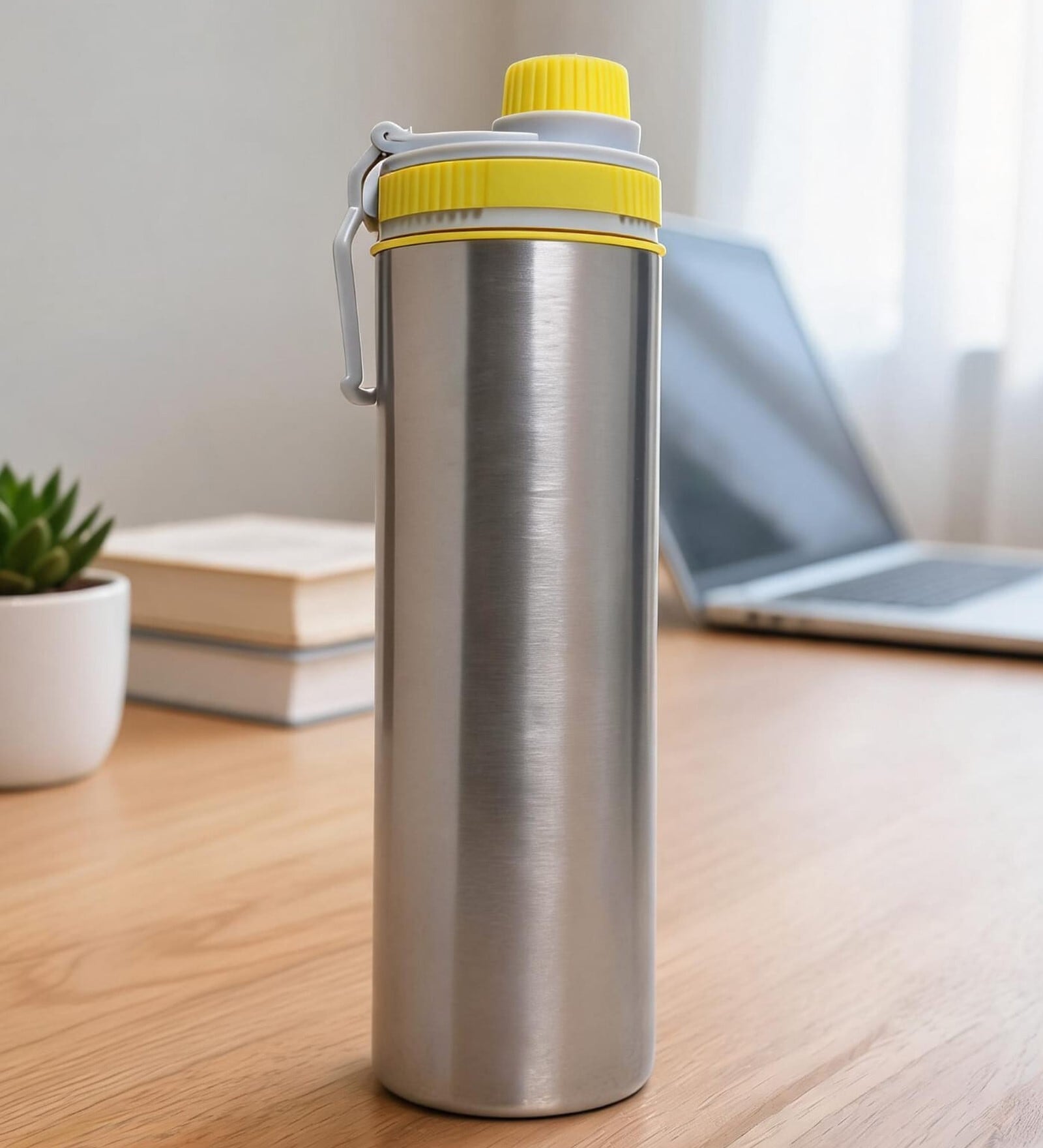 Yellow Plain Stainless Steel Sports Water Bottle with Flip Top Cap & Carry Loop, 700 ml