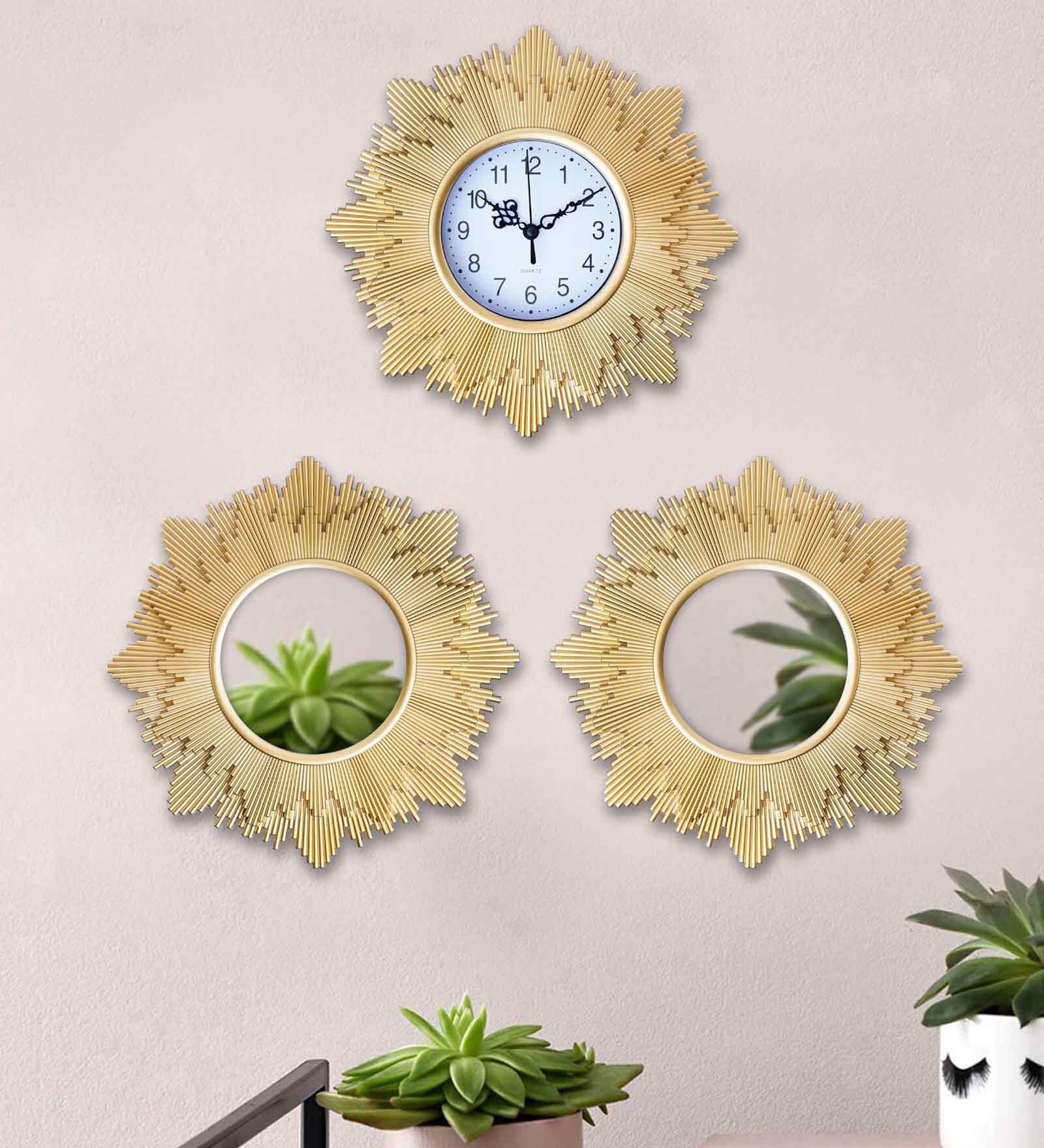 Floral Contemporary Wall Clock With Wall Mirror Set