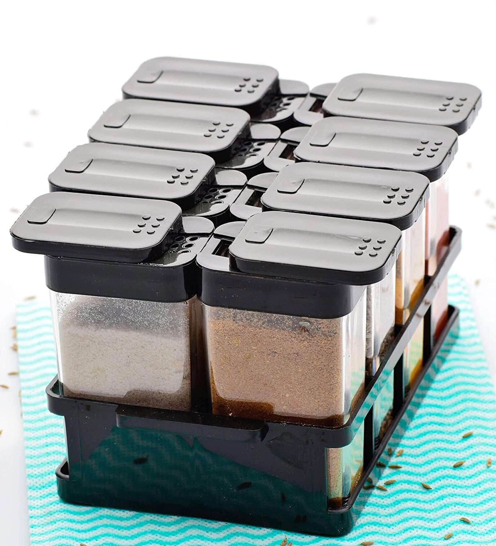 Plastic Kitchen 8 Pcs Sets Airtight Spice Rack Storage Jar Masala Box Spice Container Idle for, Easy Flow Spice Storage Container with Tray