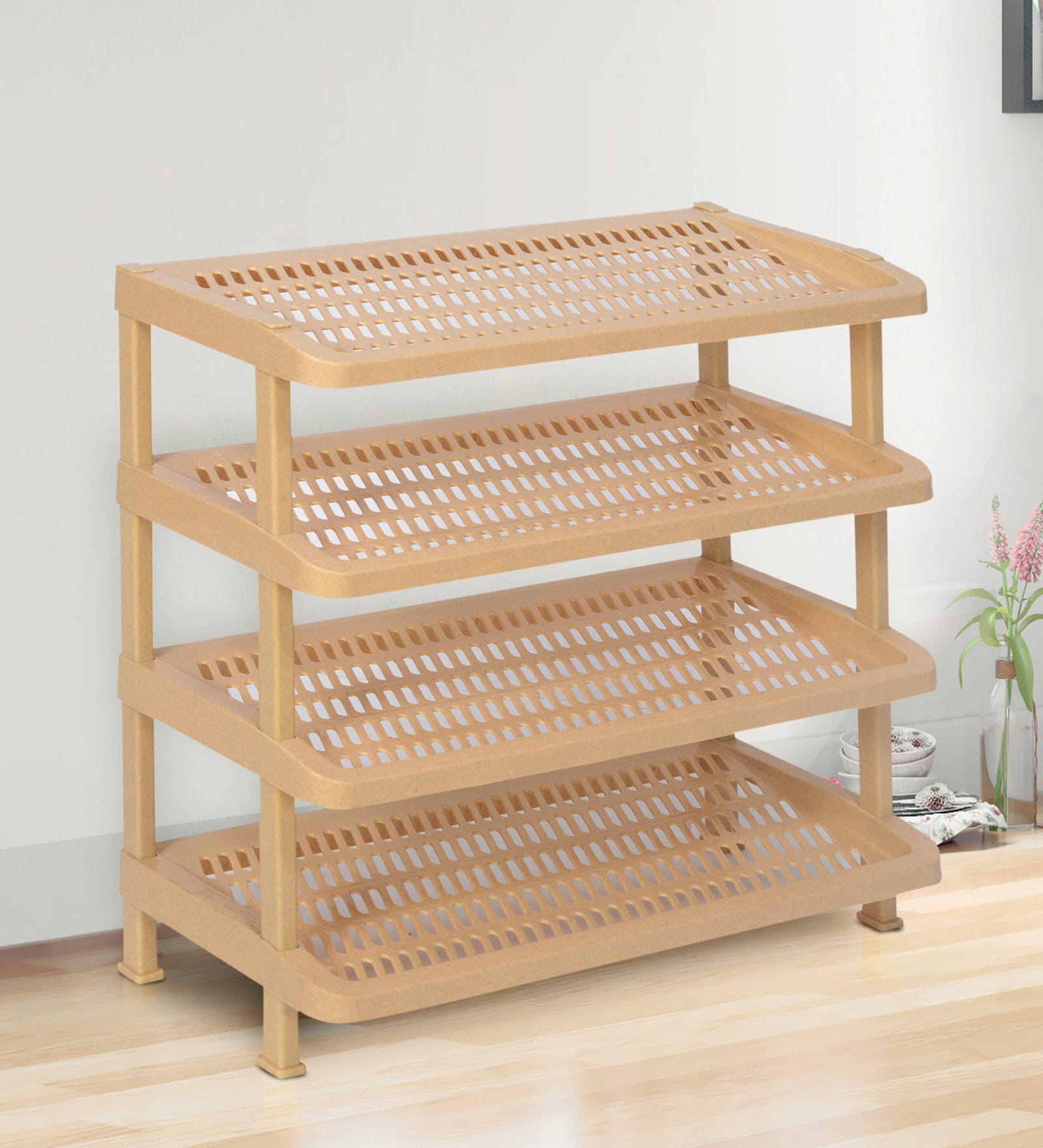 Plastic Open Shoe Rack in Marble Beige Finish
