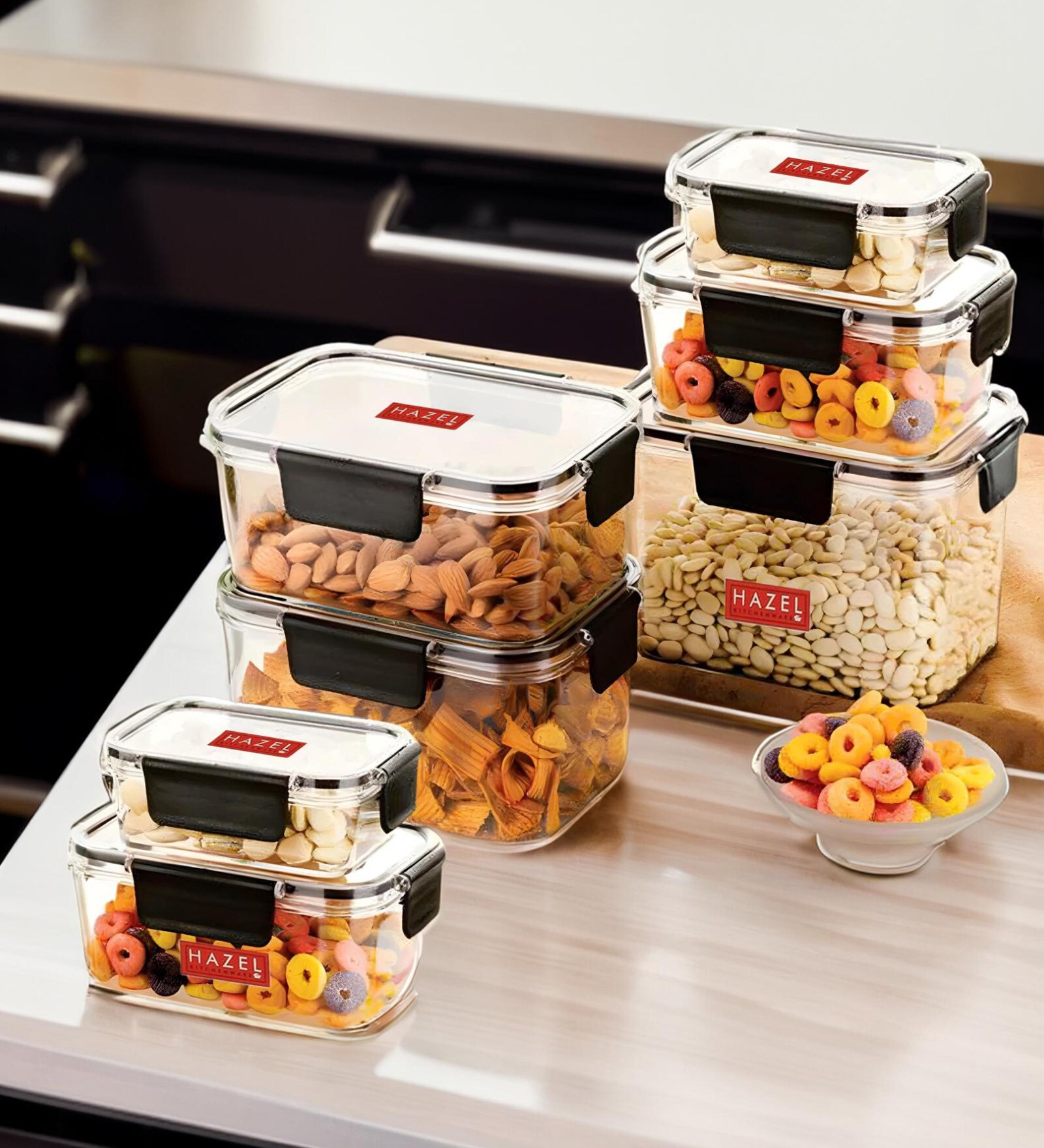 Transparent & Black Air Tight (Set of 7)Storage Container with Leak Proof Lid