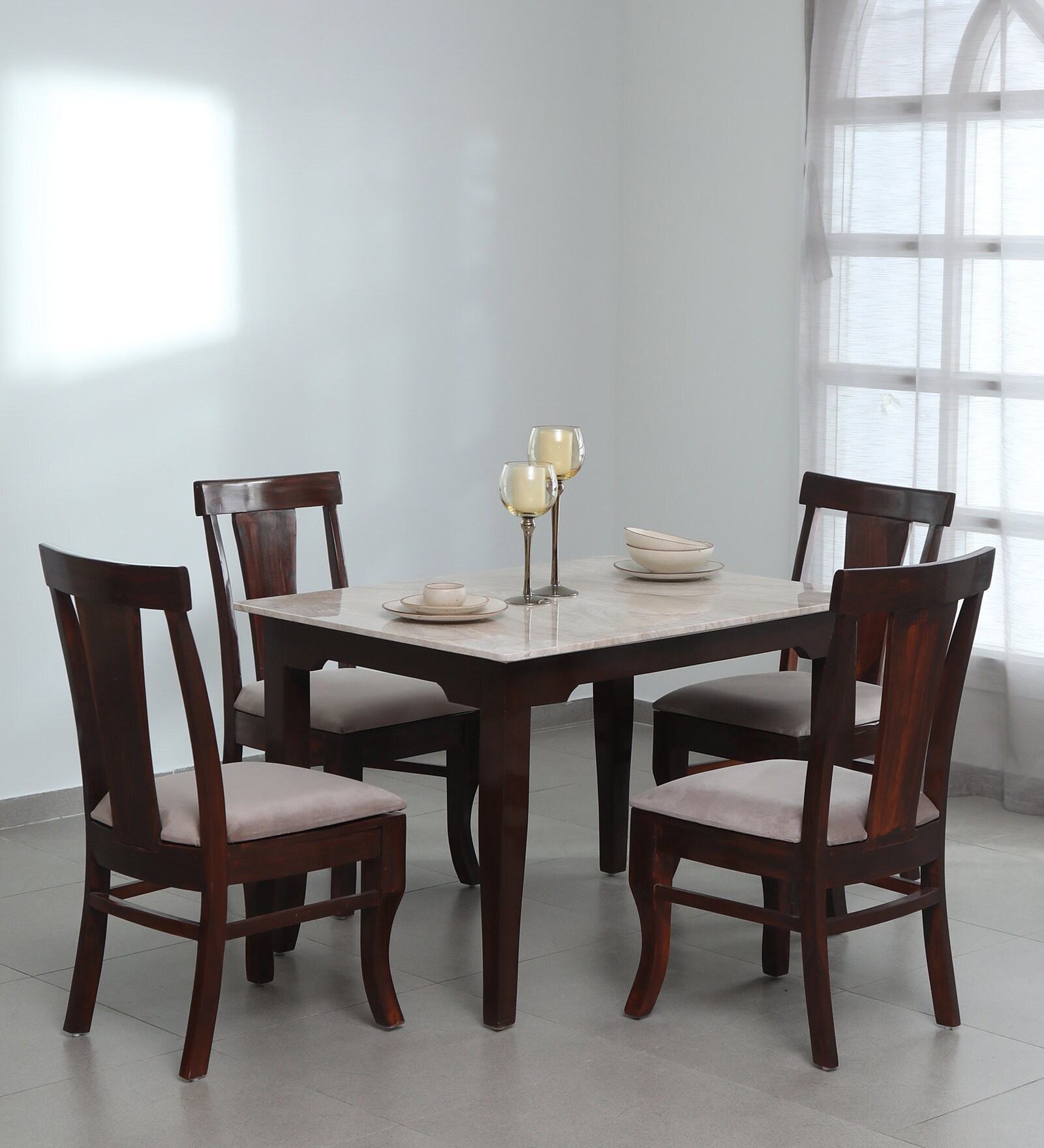 Plinto Marble Top 4 Seater Dining Set in Teak Wood Finish