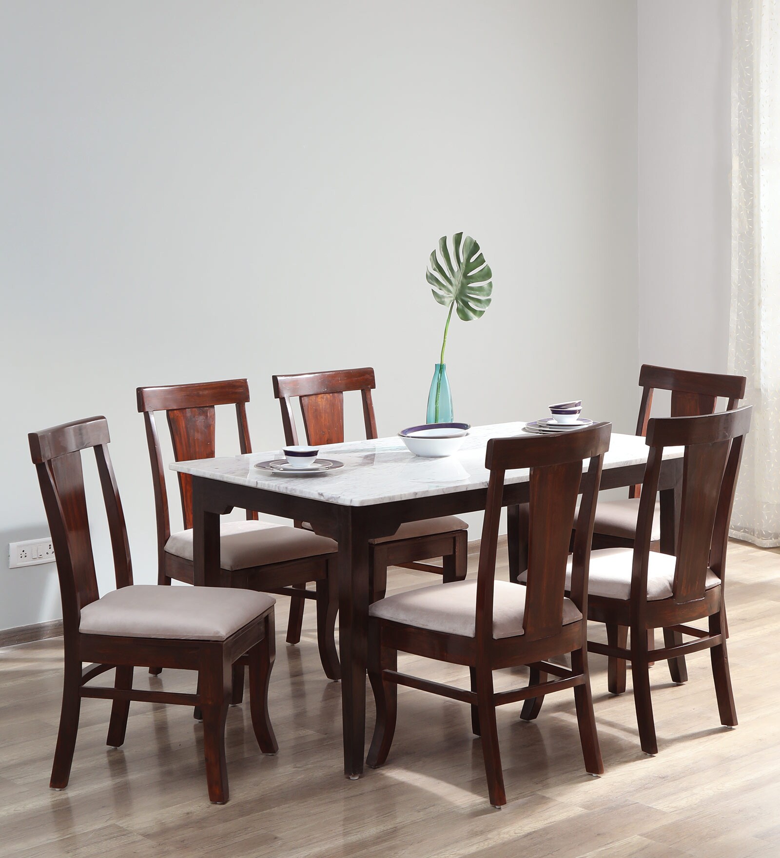 Plinto Marble Top 6 Seater Dining Set in Teak Wood Finish Plinto Marble Top 6 Seater Dining Set in Teak Wood Finish