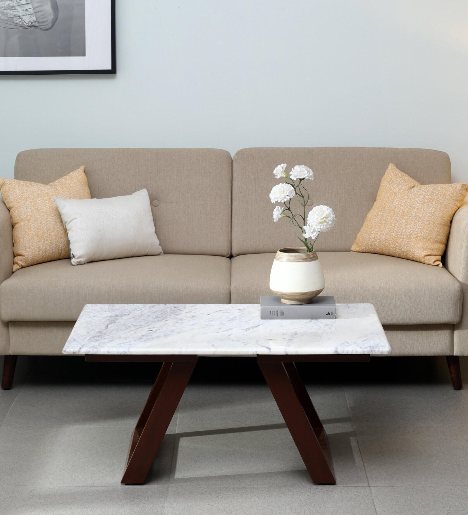 Plinto Marble Top Coffee Table in Teak Wood Finish