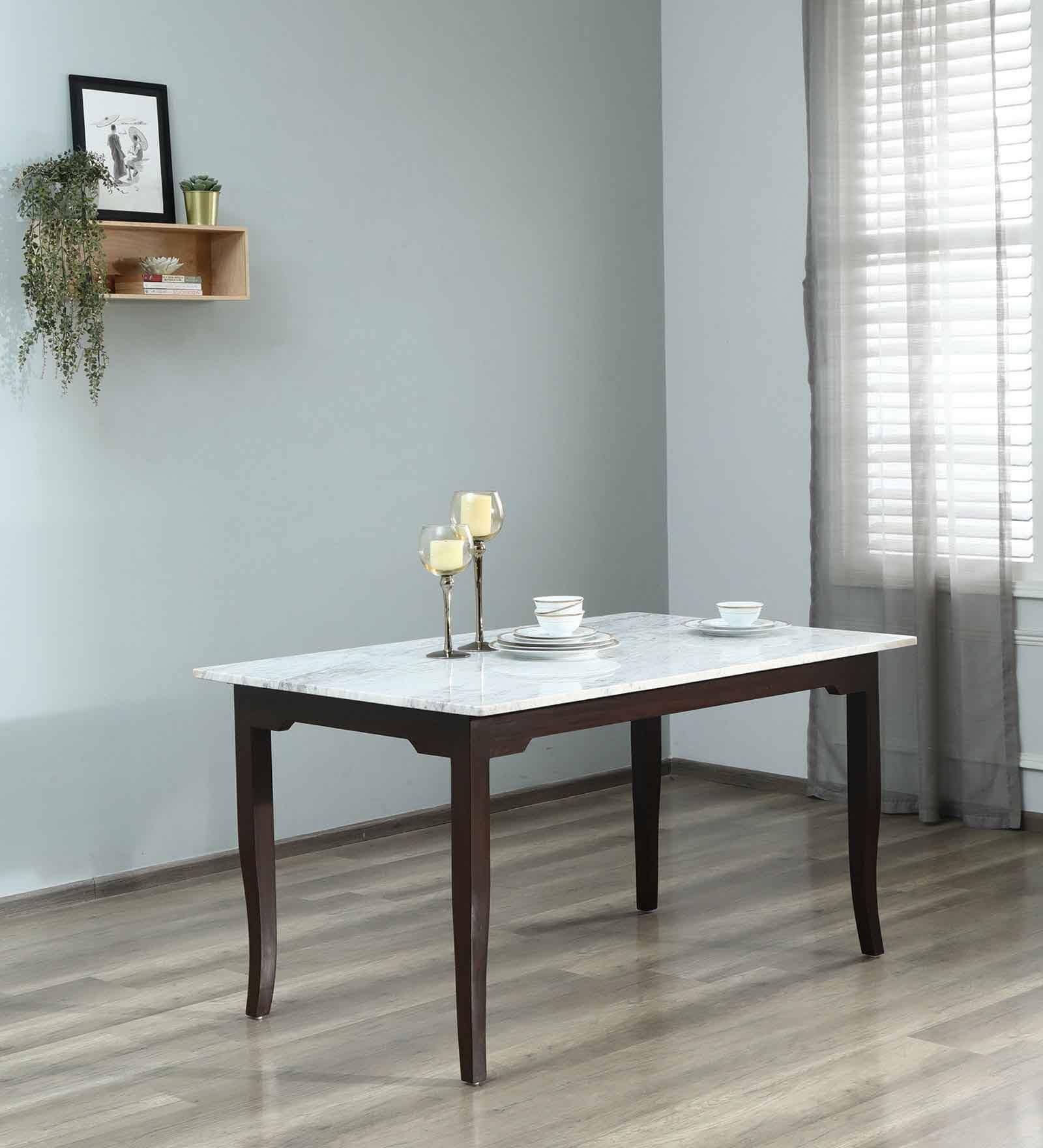 Plinto Marble Top 6 Seater Dining Table Teak Wood Finish