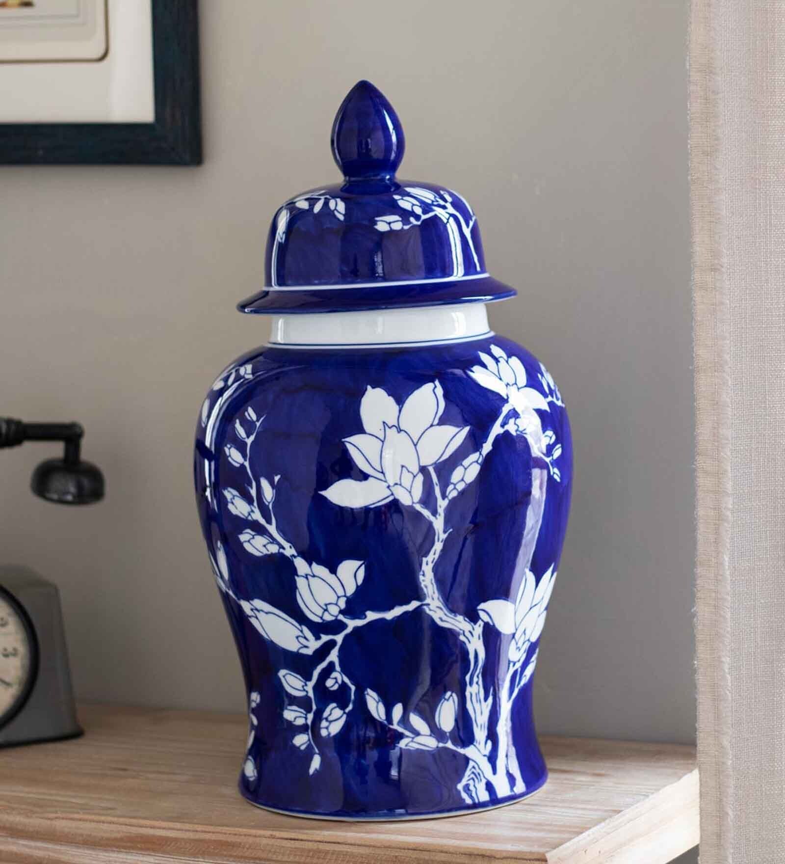 Buy Plum Blue Ceramic Lidded Vase by The Decor Kart at 100 OFF by The