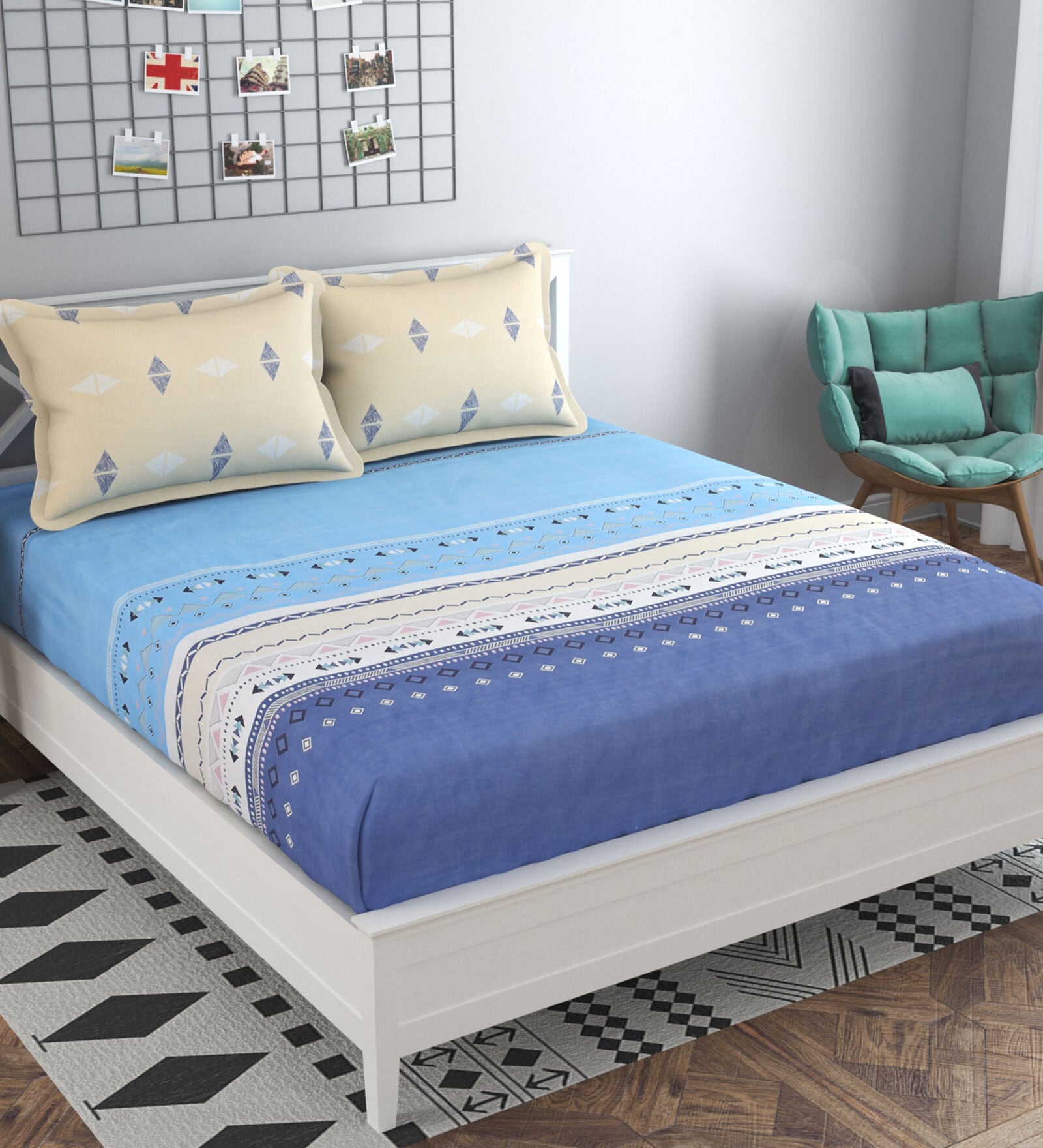 Blue Stripes 210 TC Cotton Blend King Sized Bed Sheets with 2 Pillow Covers