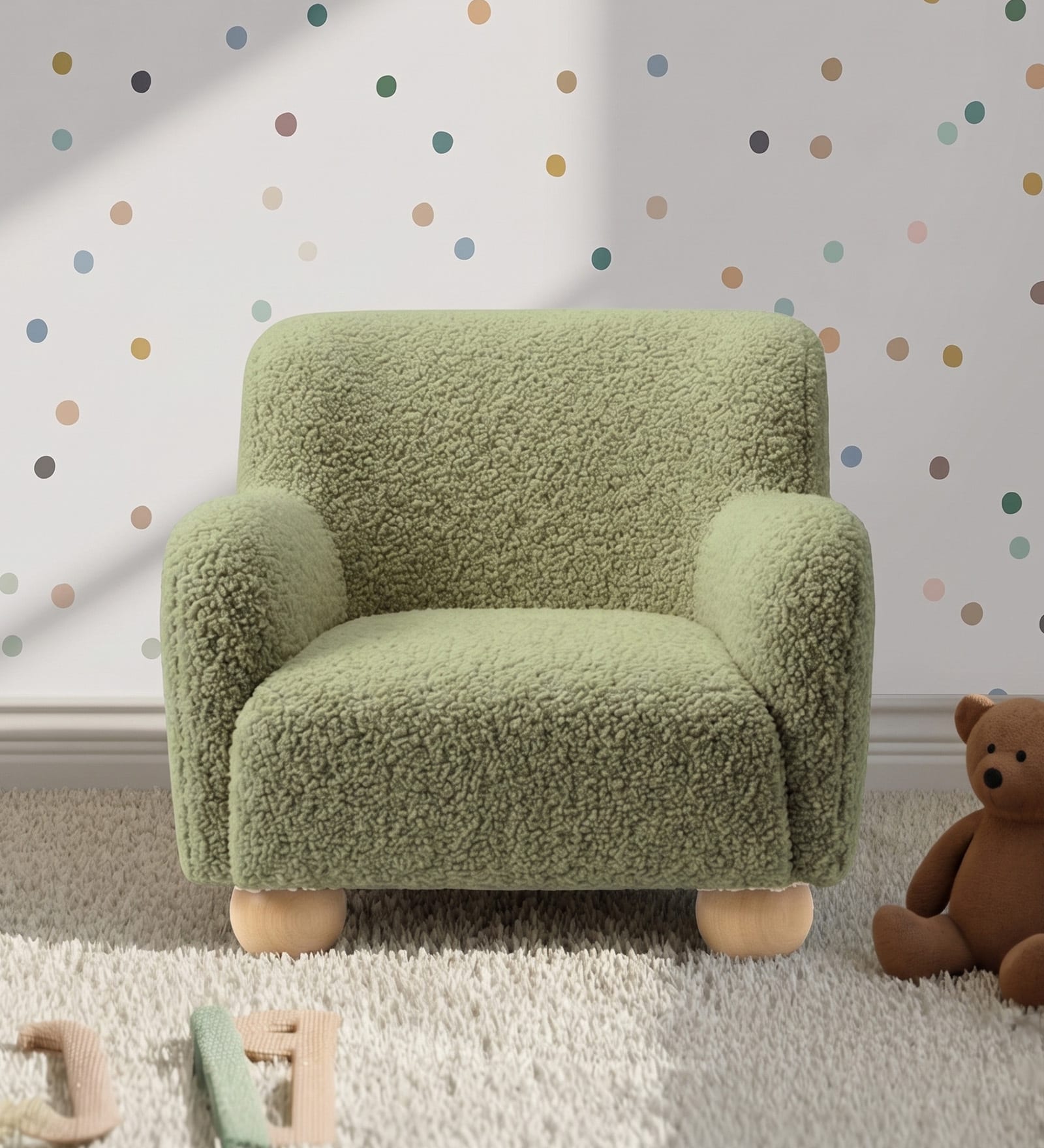 Plush Boucle Kids Lounge Chair In Olive Colour Plush Boucle Kids Lounge Chair In Olive Colour