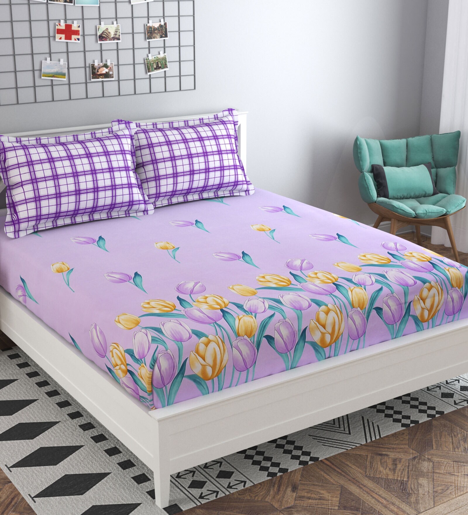 Buy Purple Floral 210 TC Cotton Blend King Sized Bed Sheets with 2