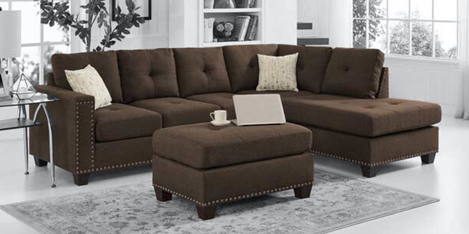 Plazzo Fabric LHS 5 Seater Sofa Sectional In Brown Colour With Ottoman