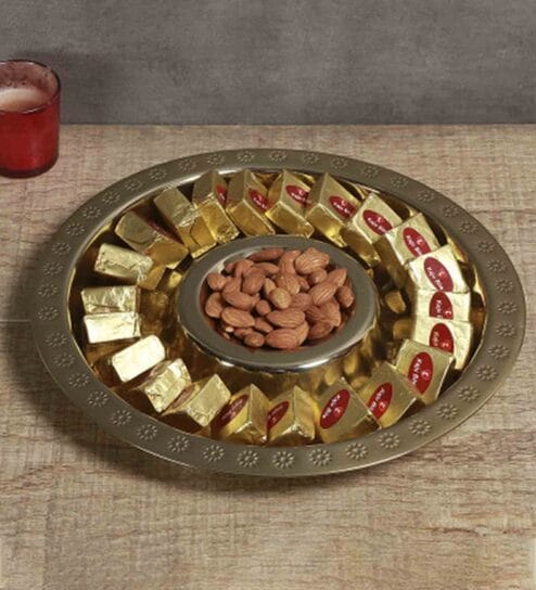 Plaid Chip & Dipped Gold 13 Inch Iron Appetizer Platter