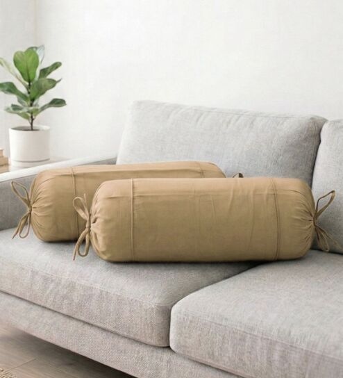 Camel Brown Solid Cotton 2 Pcs Bolster Covers