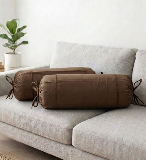 Coffee Brown Solid Cotton 2 Pcs Bolster Covers