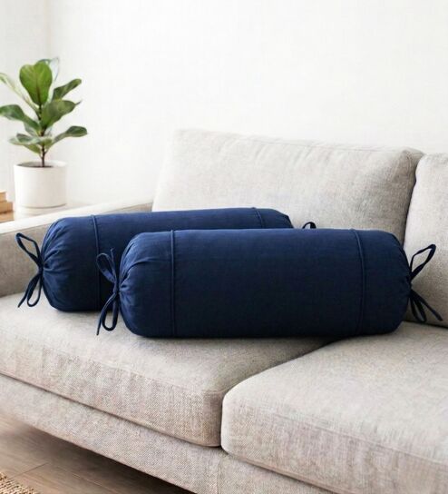 Navy Blue Solid Cotton 2 Pcs Bolster Covers