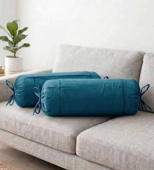 Peacock Blue Solid Cotton 2 Pcs Bolster Covers