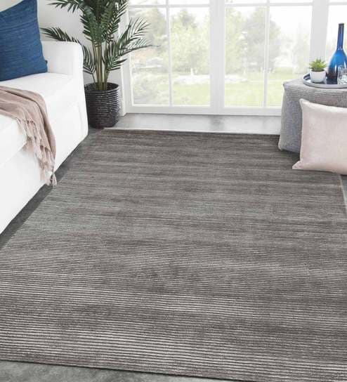 Grey Wool And Viscose Solid 5  x 8  Feet Hand Woven Carpet by Jaipur Rugs