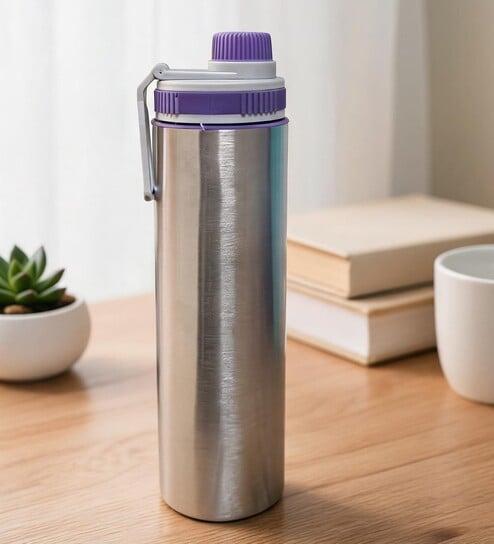 Purple Plain Stainless Steel Sports Water Bottle with Flip Top Cap & Carry Loop, 700 ml